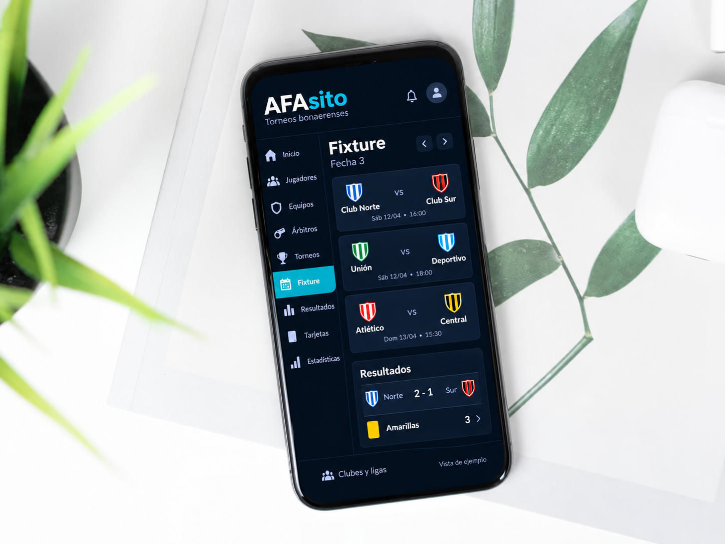 AFAsito: menú lateral de jugadores, equipos, árbitros, torneos, fixture, resultados, tarjetas y estadísticas