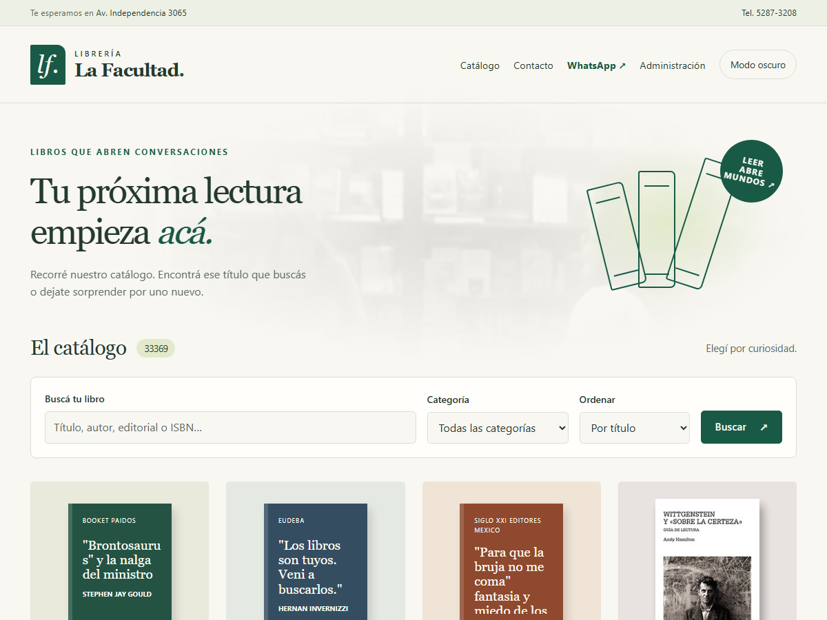 Captura del catálogo web de Librería La Facultad